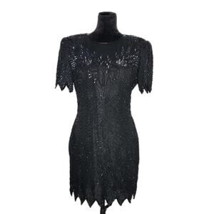 Denise Elle Vintage 80s Black Beaded Sequin Silk Cocktail Jagged Hem Dress PL